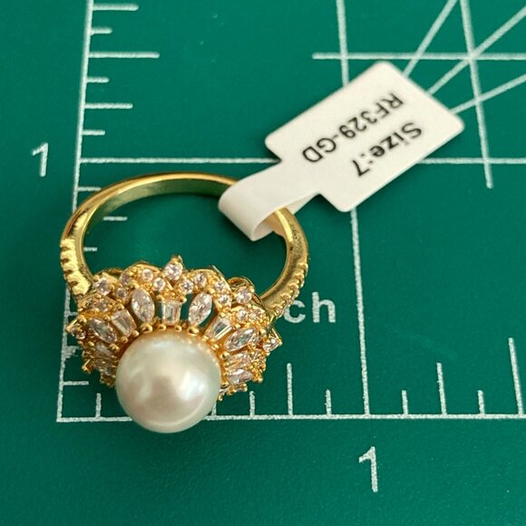 Art Deco Cubic Zirconia White Pearl Cocktail Ring Yellow Gold Plated Size 7 8 9 - Picture 13 of 16